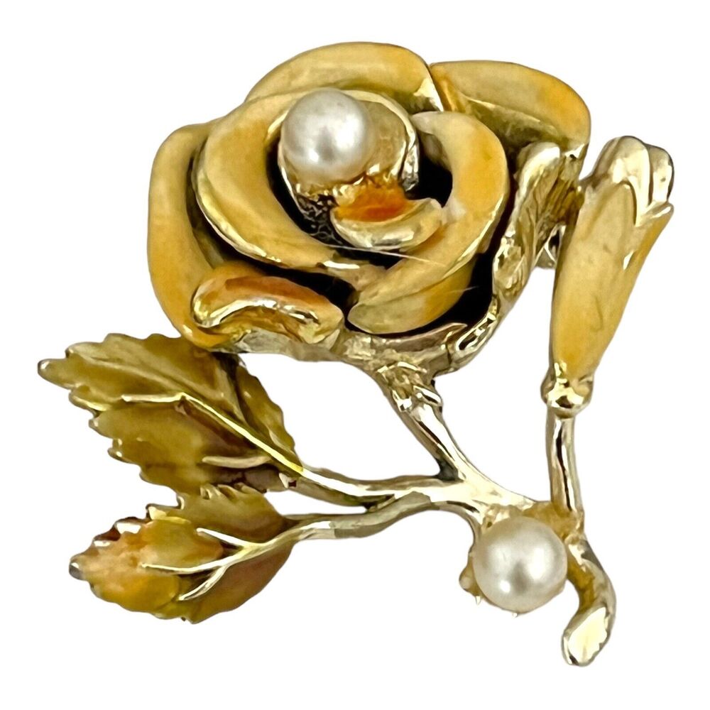 Vintage 1960s Coro Rose Brooch Enamel Simulated Pearl Gold Tone Pin - 11N
